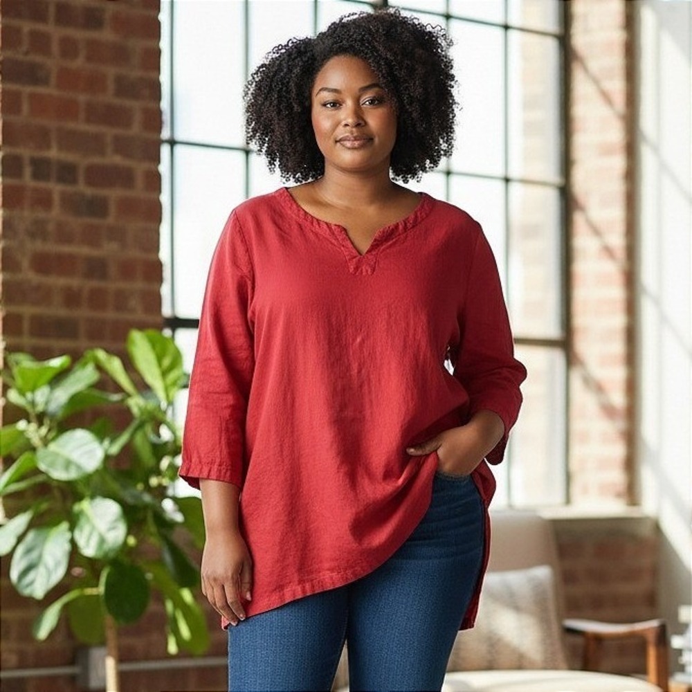 Hot Cotton Linen Blend Red Tunic Top V Neck‎ 3/4 Sleeve Casual Comfy Made in USA